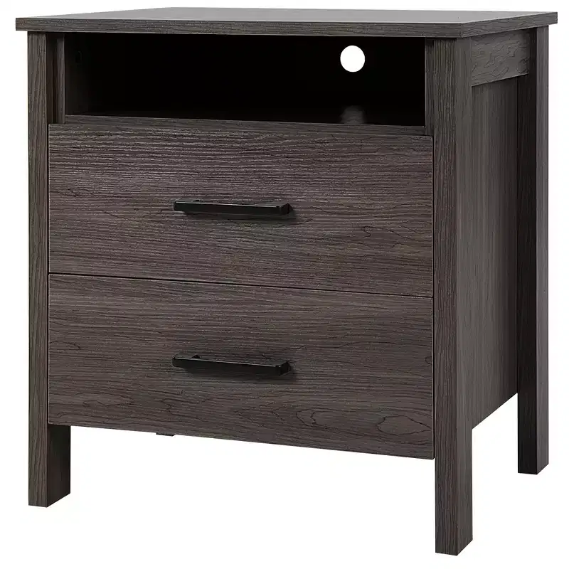 Costway Nightstand Drawers Rustic Side End Table Storage Compartment Cable Hole Oak\Walnut