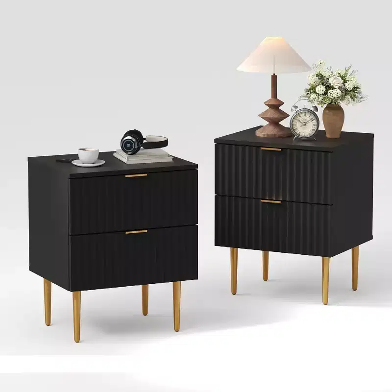 2PCS Modern Nightstand with Charging Station, 2 Drawers & Wood Fluted Design | Gold Bedside Table for Bedroom, Living Room & Home Office