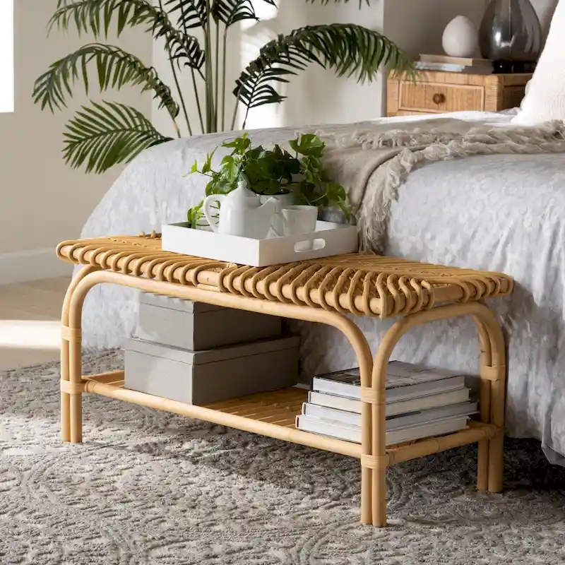 Himari Modern Bohemian Natural Brown Rattan Accent Bench