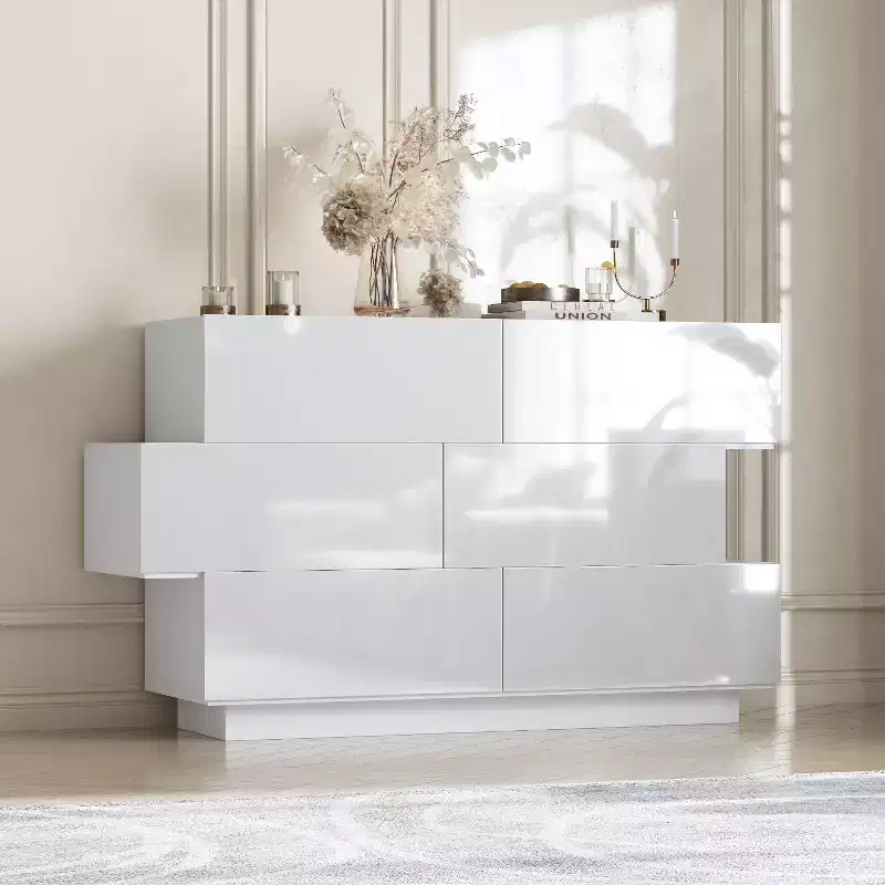 Glossy Chest of Drawers Polished 6 Drawer Dresser Modern & Contemporary Style White