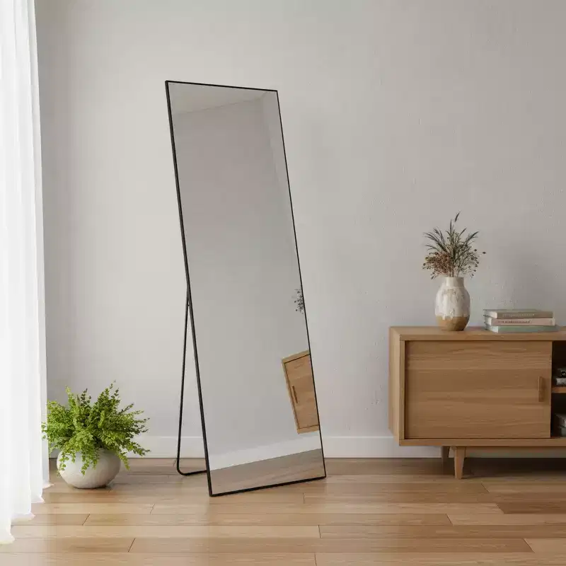 HomeRoots 63 Black Metal Freestanding and Wall Mount Framed Full Length Mirror