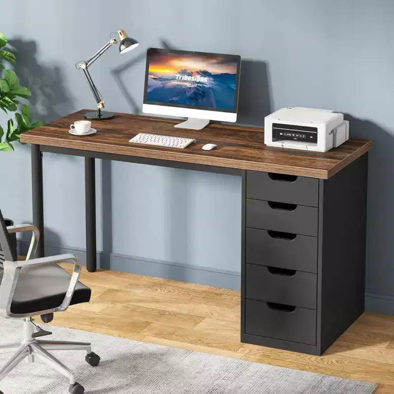 Computer Desk with 5 Drawers, 47 inches Rustic Brown Home Office Desk with Storage, Modern Simple Laptop Desk Study Writing Table for Small Spaces
