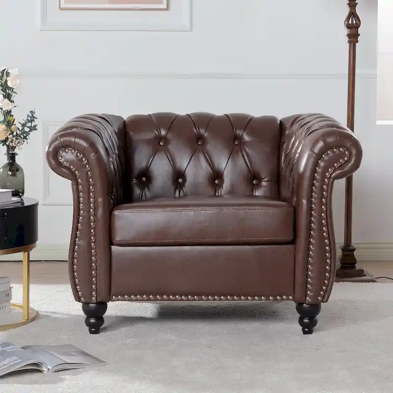Classically Elegant 84.65 Three-Seater Rolled Arm Chesterfield Sofa in PU Leather - Sturdy Birch Legs, Soft Upholstery