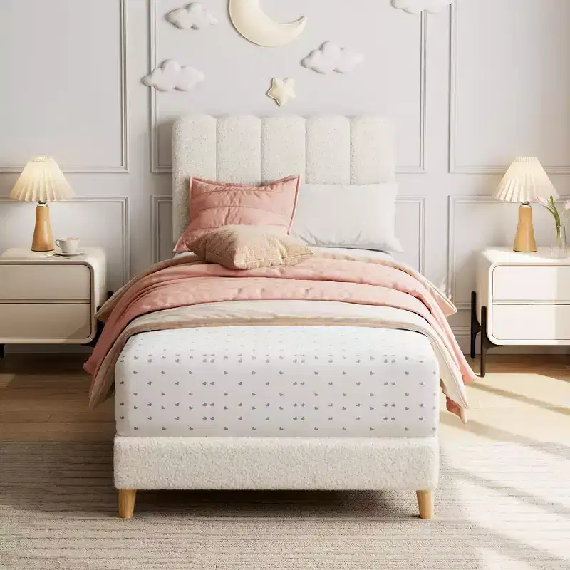 Twin XL Bed Frame, Boucle Upholstered Platform Bed with Wave Headboard for Girls/Kids, Easy Assembly, Wooden Slats Support, No Box Spring Needed