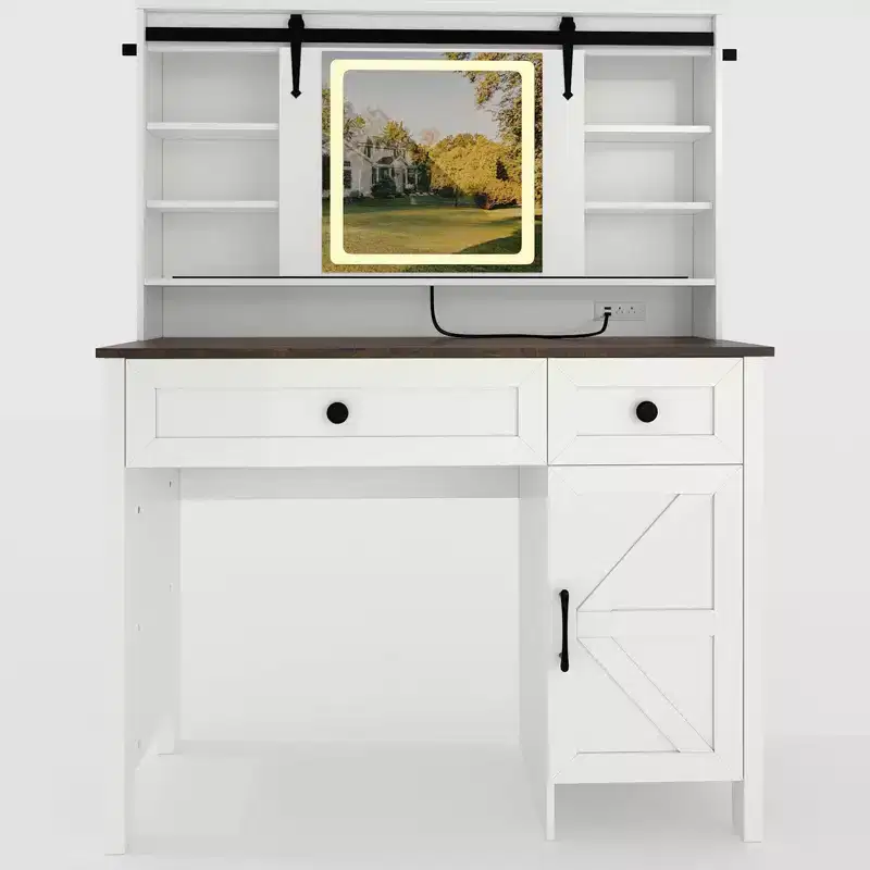 Garvee Vanity Desk with Mirror, Modern White Makeup Table with Drawers & Storage Stool, Spacious Dressing Table for Bedroom, Stylish Organizer