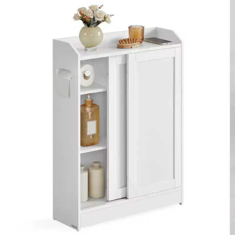 Slim Bathroom Storage Cabinet with Sliding Doors, Toilet Paper Holder & Adjustable Shelves