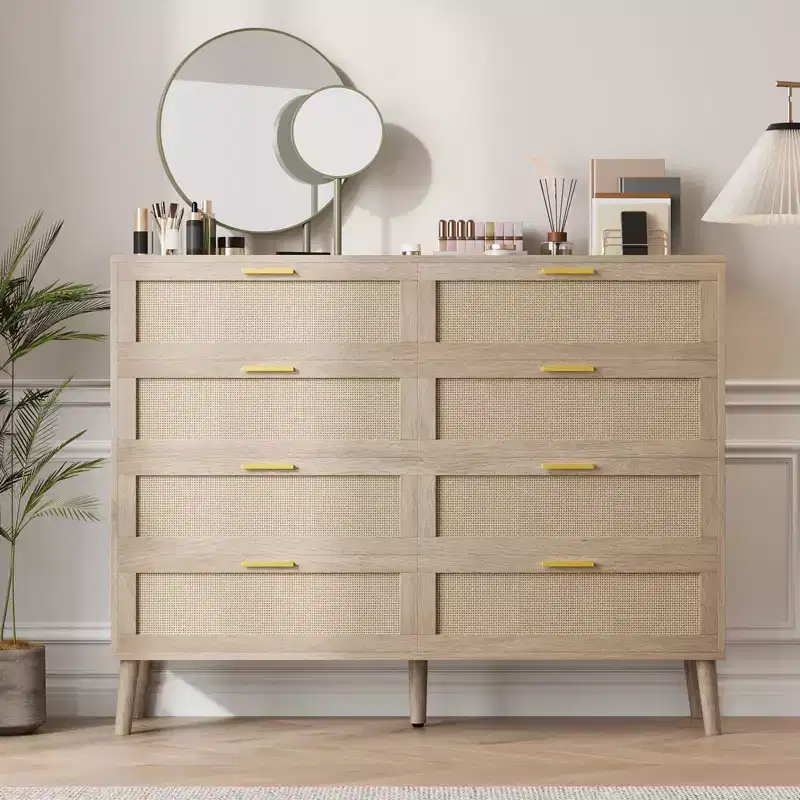 8-Drawers Rattan Dresser for Bedroom, 47 Inch Modern Chest of Drawers with Metal Handle, Wooden Dresser TV Stand