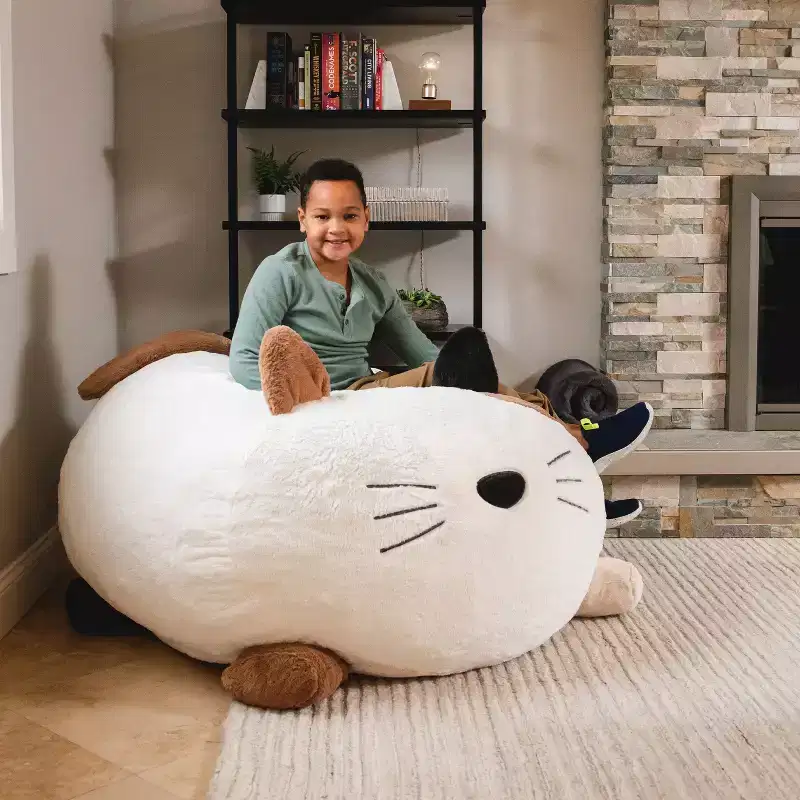 Foam Filled Animal Bean Bag Chair with Removable Cover, Soft Faux Fur, Kids and Teens