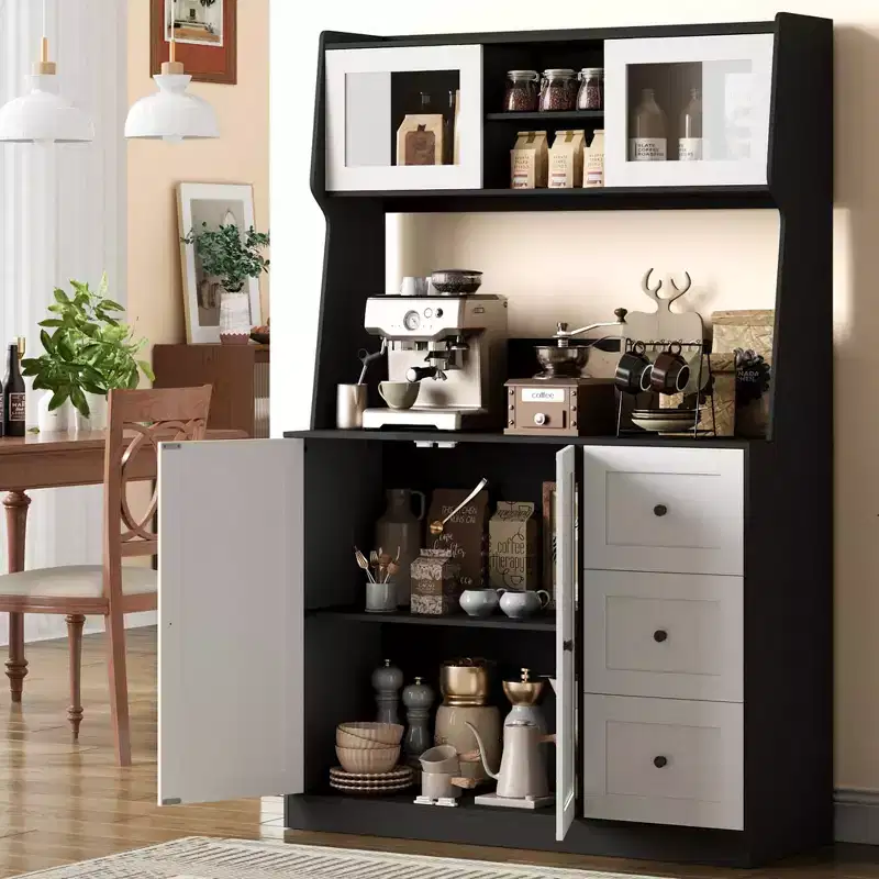 66.9 Tall Kitchen Hutch Storage Cabinet, Coffee Bar Cabinet with 3 Drawers & Lights, Freestanding Food Pantry Cabinet