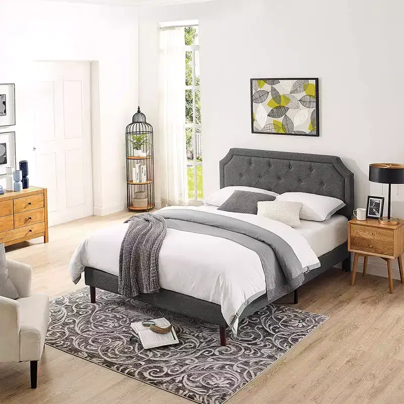 Queen Upholstered Platform Bed — Button-Tufted Headboard, Dark Grey, No Box Spring Needed