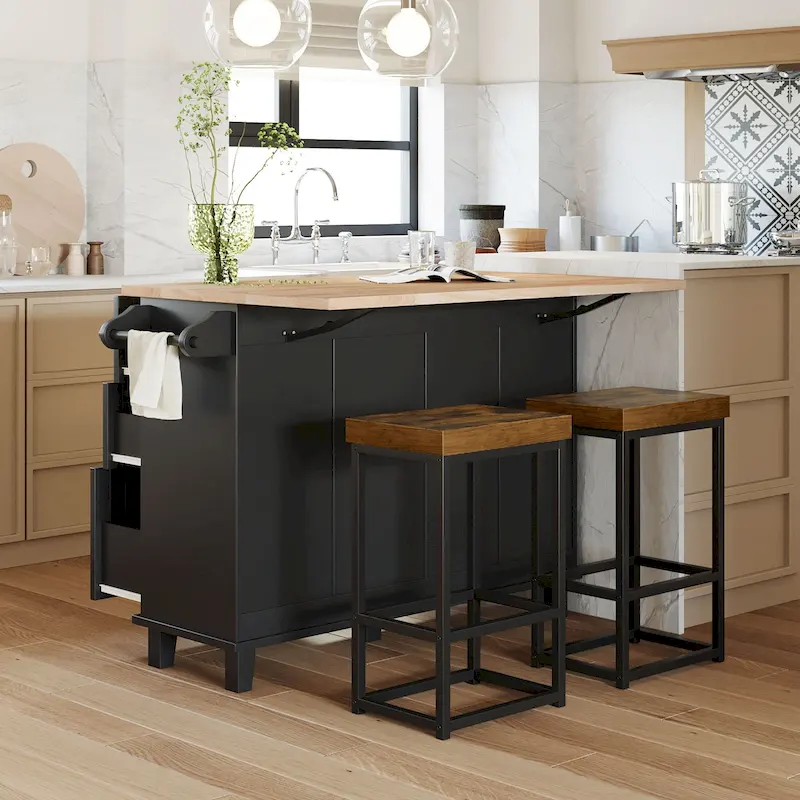 Kitchen Island Set with Drop Leaf, 2 Bar Stools, Adjustable Shelf, Drawers & Towel Rack, Dining Table