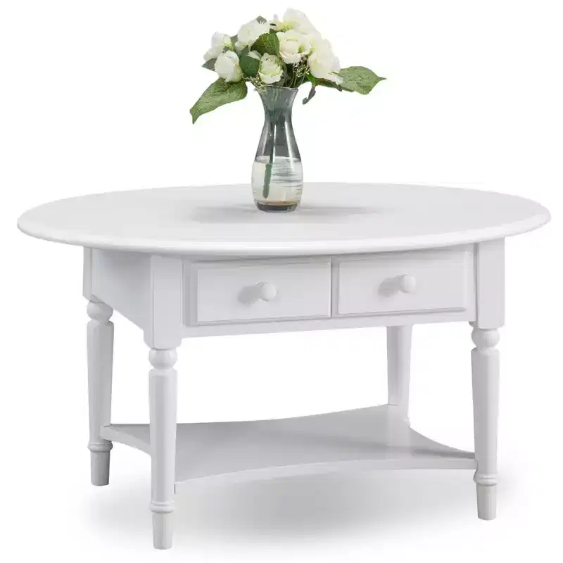 Leick Home Coffee Table White: Oval Rubberwood, 36" Width, Living Room Furniture with Storage Shelf