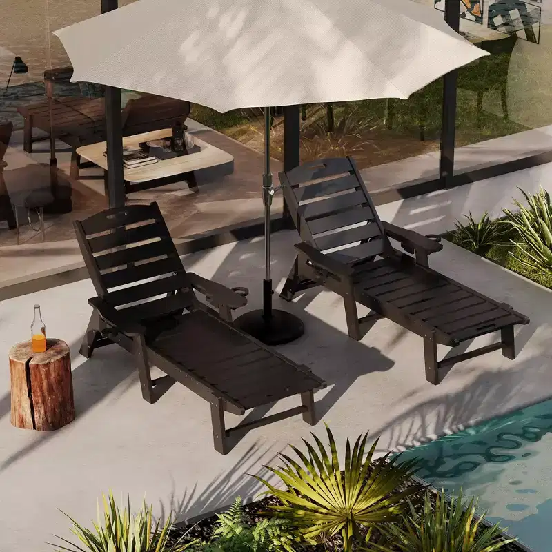 Durable HDPE Folding Chaise Lounge Chairs, 2-Pack5 Position Adjustable Recliner with Cup Holder Weather-Resistant for Deck, Poolside, Garden, Balcony