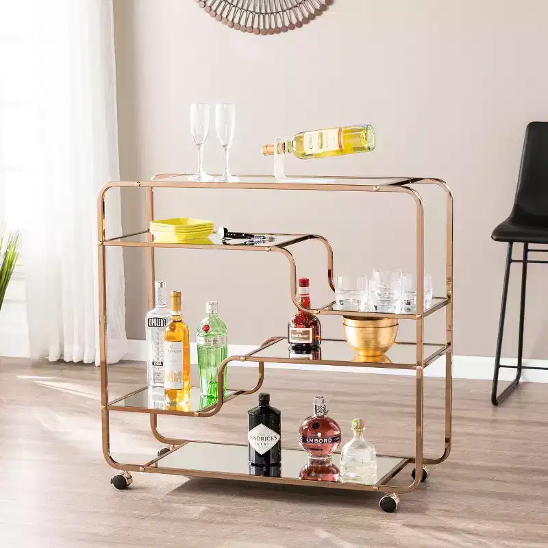 Maylynn Art Deco Mirrored Bar Cart - Gold - SEI