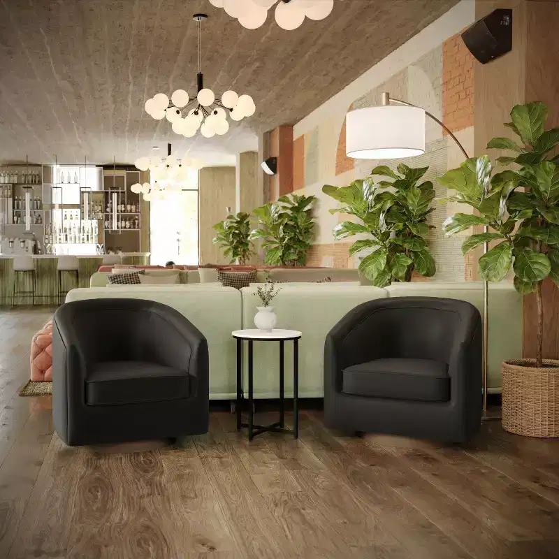 Flash Furniture Dean Club Style Commercial Barrel Accent Armchair with 360 Degree Swivel Metal Base and Sloped Armrests