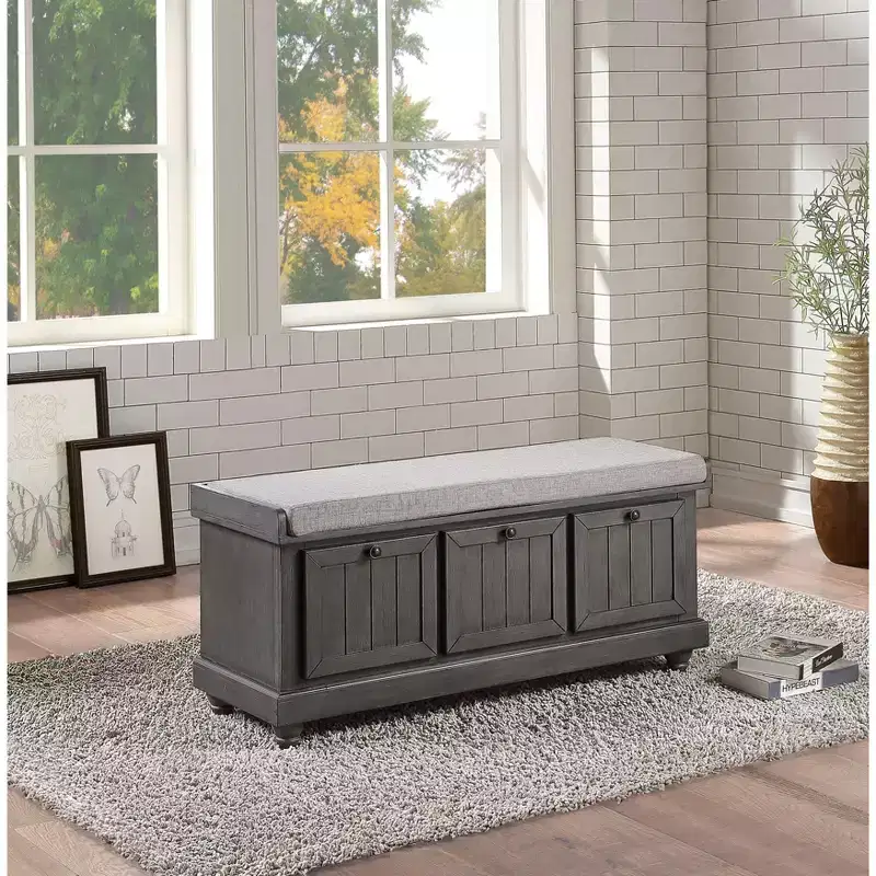 Retro Style Flip-Top Cushioned Seat Ottoman Bench with Storage,Solid Wood Storage Bench for Bedroom,Entrance