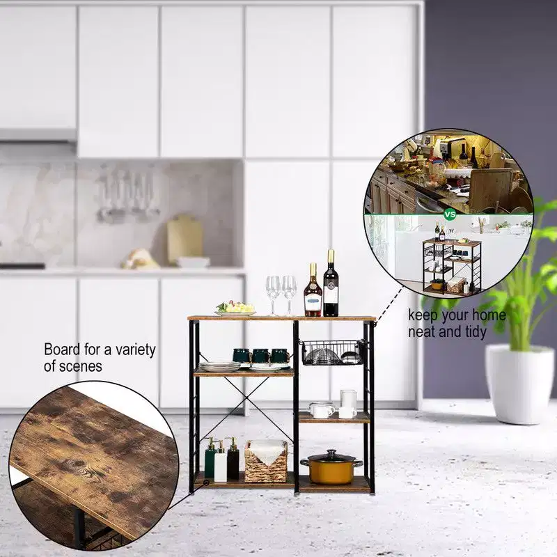 5-Layer Industrial Iron Kitchen Shelf Storage With Drain Basket Hook