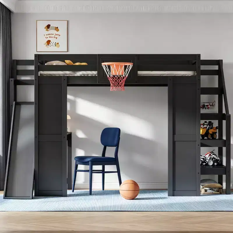 Luxystar Full Wooden Loft bed with Desk, Slide, Basketball hoop and Storage Staircase for Kids and Teens