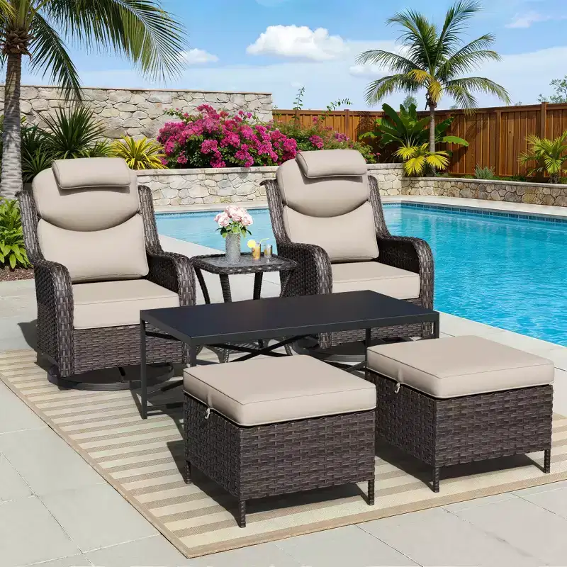 UPTIOT Outdoor Swivel Rocking Chairs Set with Convertible Ottomans and Coffee Table for Patio Relaxation