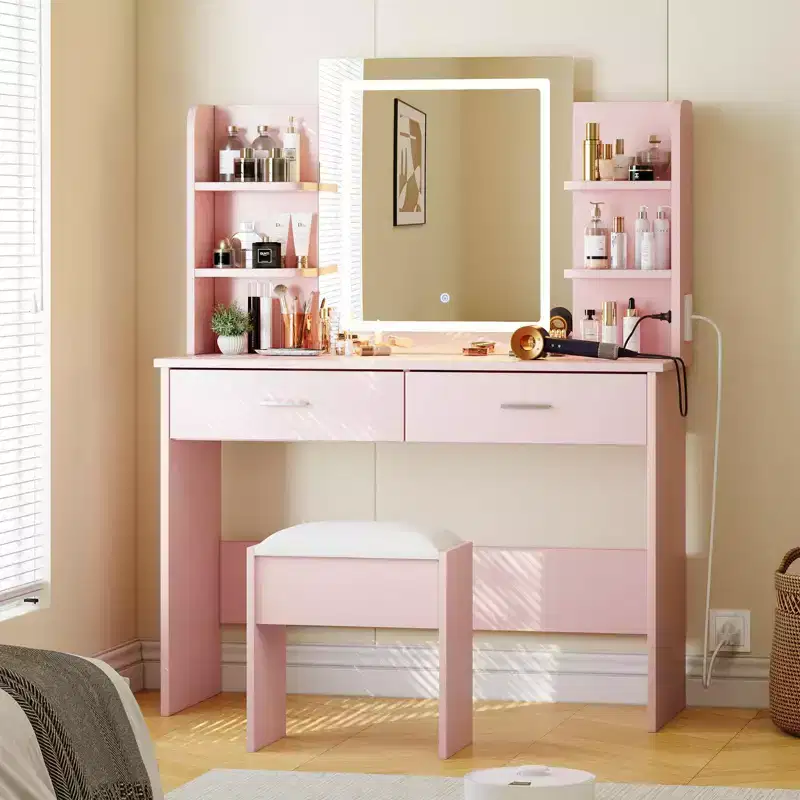 Makeup Vanity Desk with Lights - Dressing Table with LED Mirror, 3 Light Colors, 2 Drawers & 6 Shelves, Built-in Power Outlet & USB Ports for Bedroom