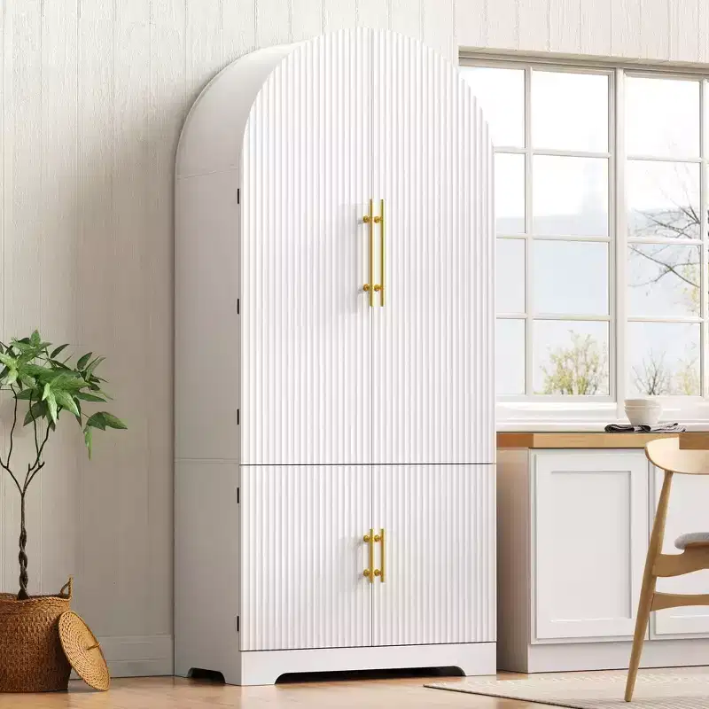 72-inch High Arch Kitchen Storage Cabinet, featuring 8-tier door shelves and a recessed storage compartment with 3 adjustable shelves, white