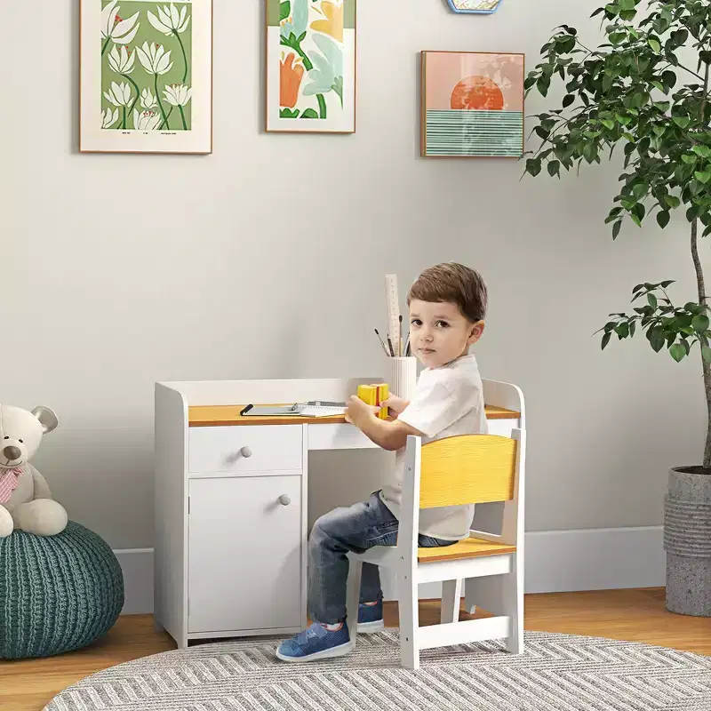 Whisen 2-Piece Kids Table Set with Storage Drawer, Safe MDF, Easy Assembly, Ideal for Homework & Games - White