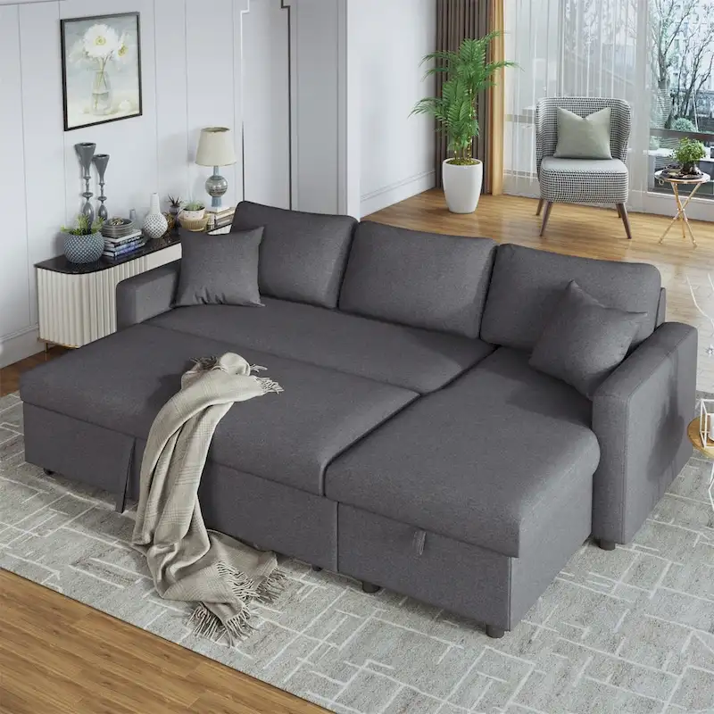 Upholstered Sleeper Sectional Sofa with Storage Chaise | Convertible Couch