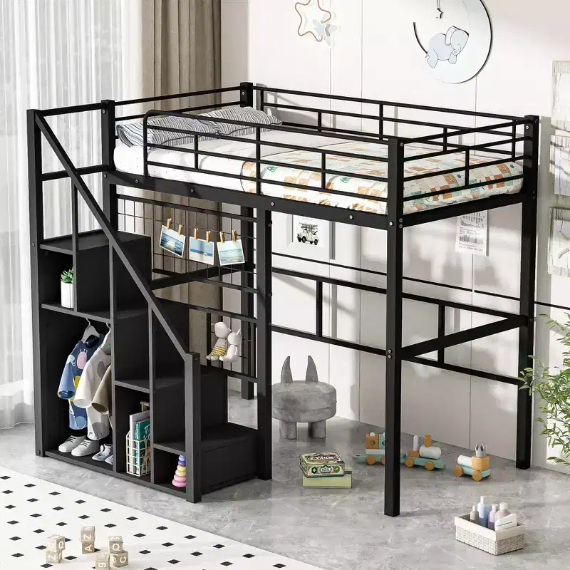 Twin Size Loft Bed with Stairs for Kids, Metal Loft Beds with Small Wardrobe, High Lofted Bed Frame with Decorative Mesh