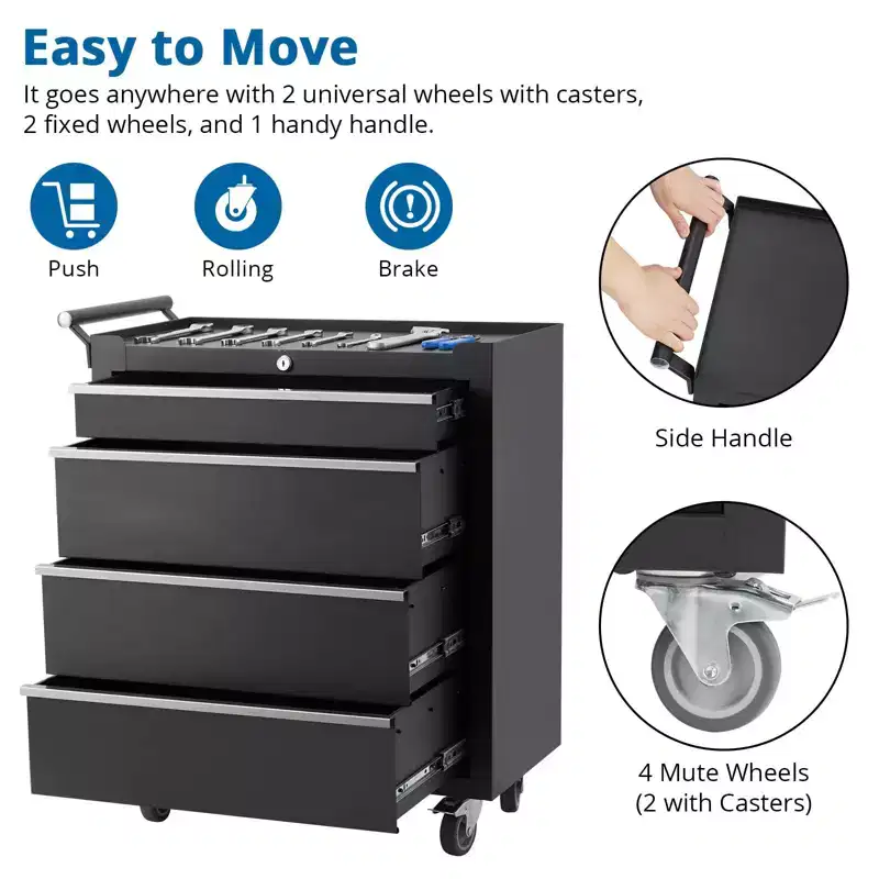 Heavy-Duty Rolling Tool Chest with 4 Lockable Drawers, Featuring a Sturdy Metal Cabinet and Smooth-Wheeling Mobility