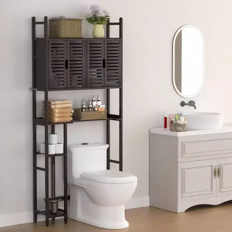 Over Toilet Storage Cabinet with Paper Holder Stand Bathroom Organizer Shelf Four Door Waterproof Feet Pad Space Saver Rack Anti