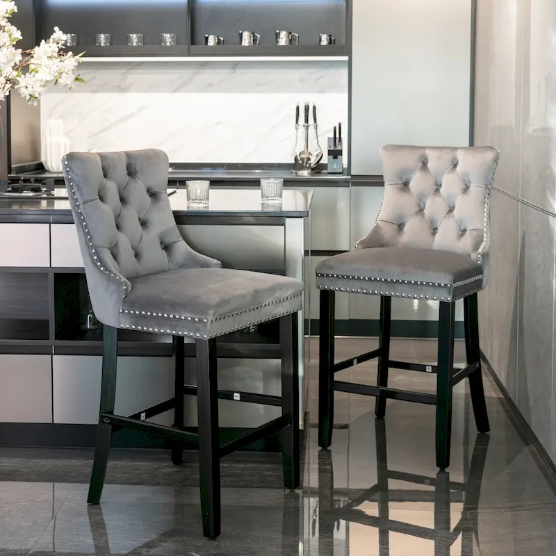 Velvet Upholstered Barstools – Set of 2, Tufted, Nailhead Trim, Solid Wood Frame