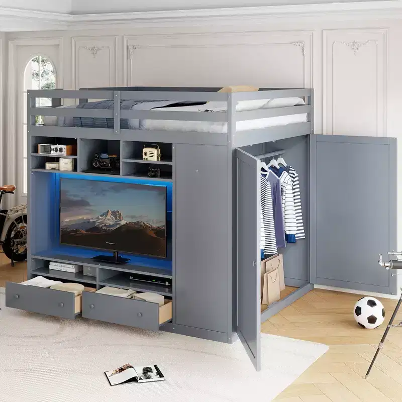 Merax Full Size Loft Bed with Built-in Storage Space Wardrobe and LED Lighting