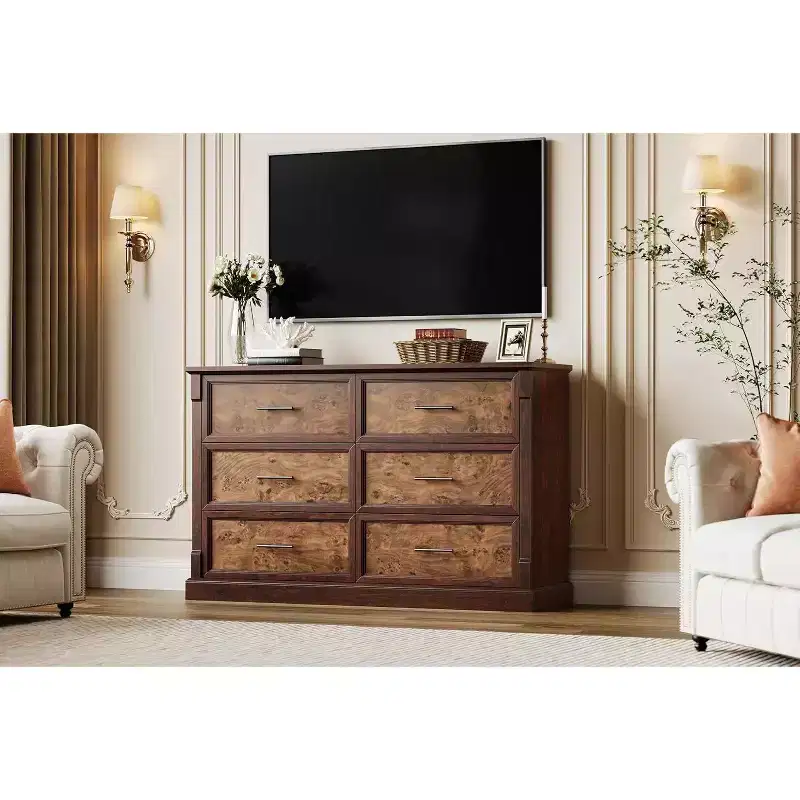 6 Drawer Dresser for Bedroom,   Large Chest of Drawers with Metal Handles, Rustic Double Wood Dresser, Storage Dressers Organizer