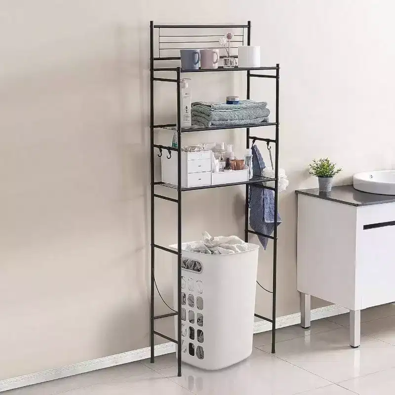 3 - Shelf Wire Freestanding Shelving Unit Over Toilet Storage Organizer Rack Bathroom Space Saver Includes 4 - Hooks Black