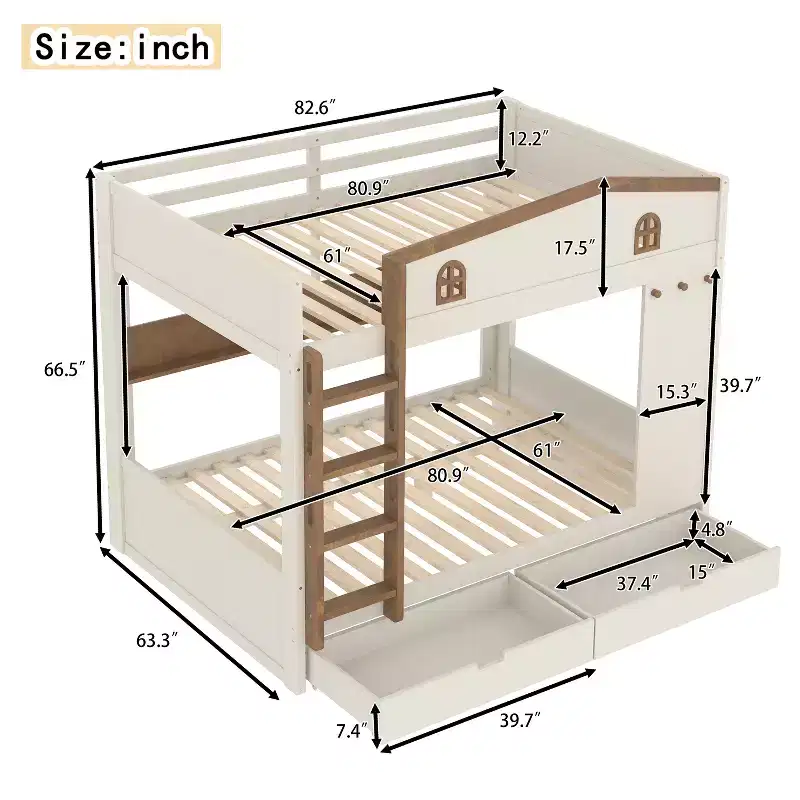 Bellemave Queen over Queen Bunk Bed with Storage Drawers and Shelves, Solid Wood Bunk Bed Frame with Hooks, No Box Spring Needed