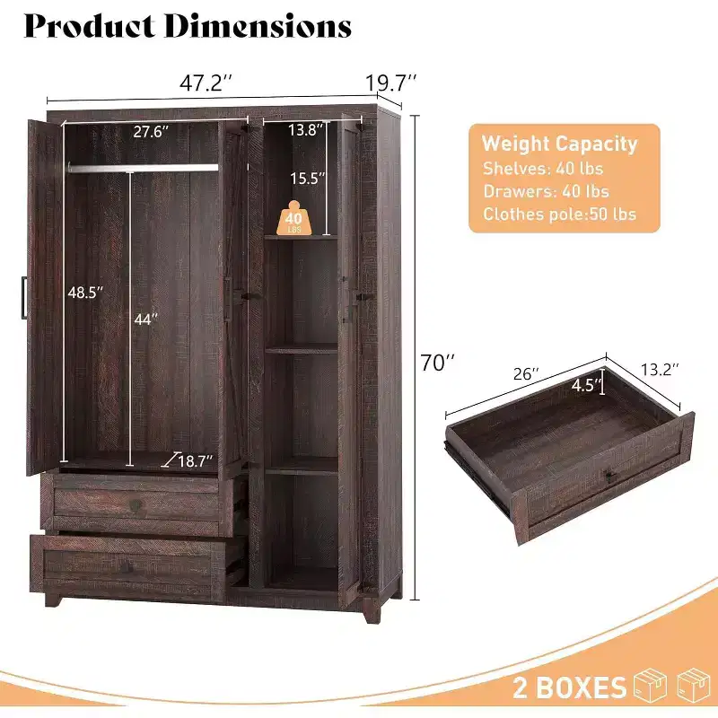 AMERLIFE 47 Farmhouse Wardrobe Armoire with 3 Doors, 2 Drawers, Hanging Rod & Adjustable Shelves, Freestanding Closet Organizer