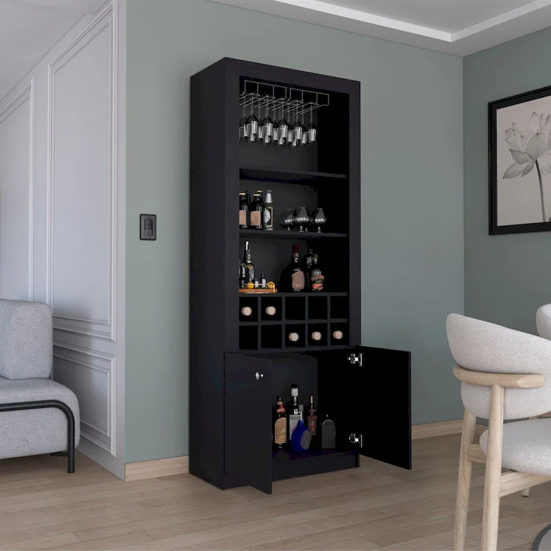 74Tall 4-Tier Modern Bar Cabinet with Glass Holder Stemware Rack,Wine Cabinet,Liquor Cabinet,10 Bottle Cubbies and 4 Shelves