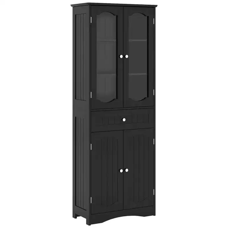 Costway 63 Tall Bathroom Cabinet with Tempered Glass Doors Adjustable Shelves Large Drawer White/Black