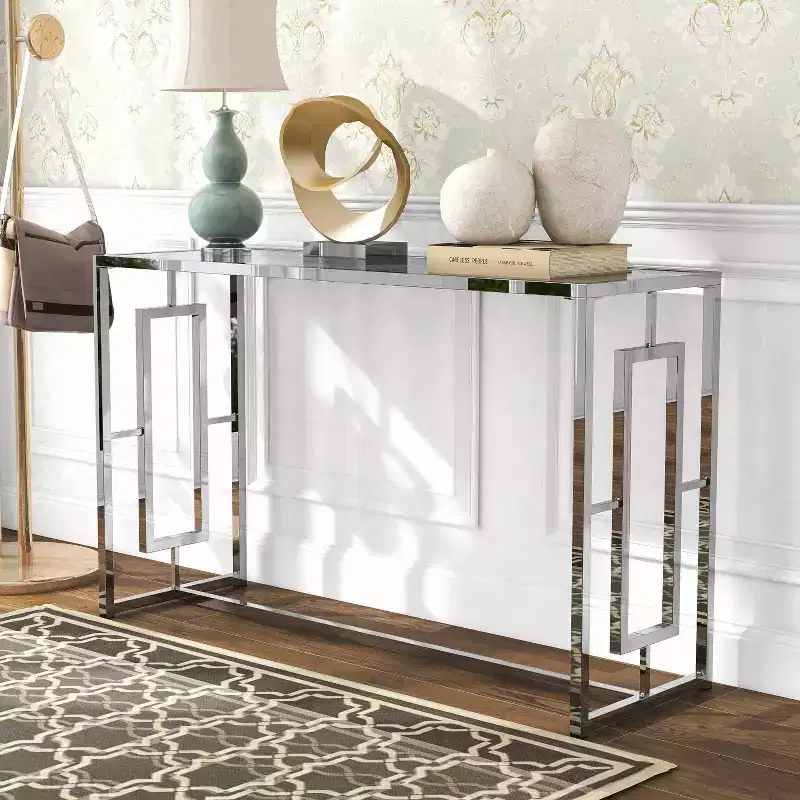 Glam Rectangle Console Sofa Table – Chrome Frame & Tempered Glass Top, 48