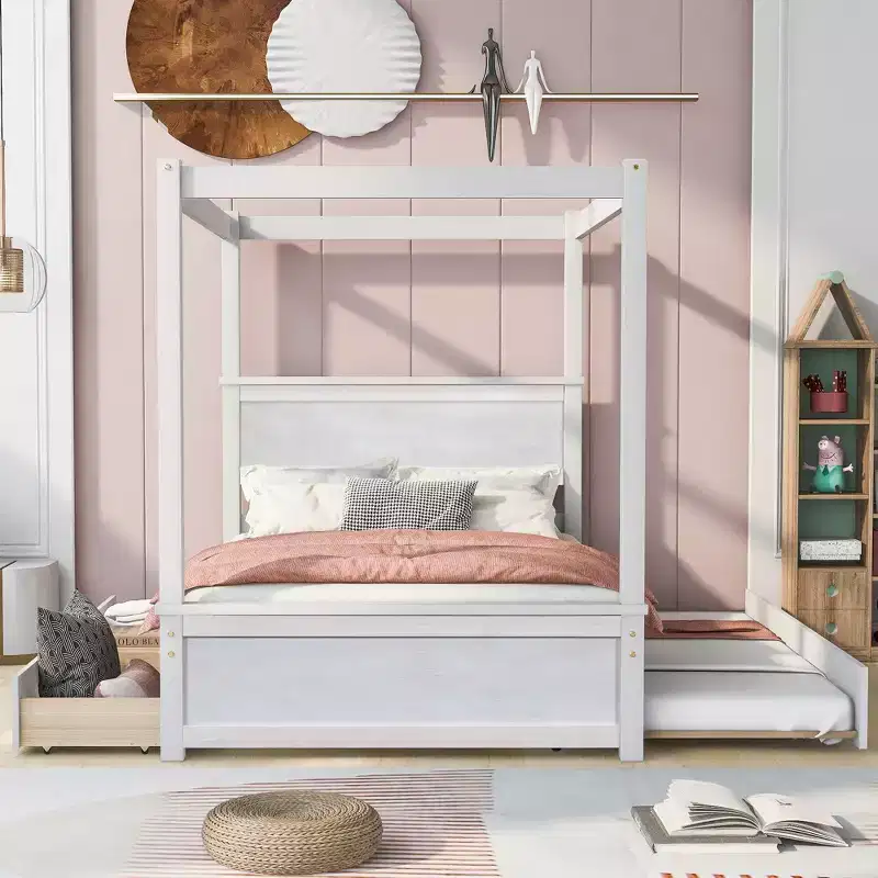 Full Size Canopy Bed Frame with Trundle and 2 Storage Drawers, Wood Full Platform Bed with Headboard, White