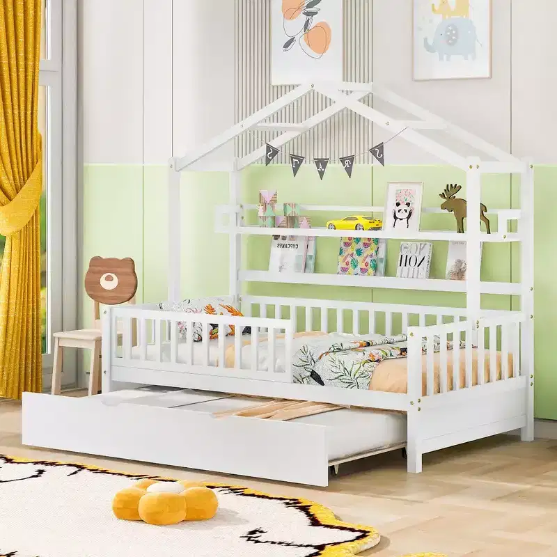Whisen Twin size Wooden House Bed Frame, Kids Bed with Trundle, Shelf, Safe Guardrails