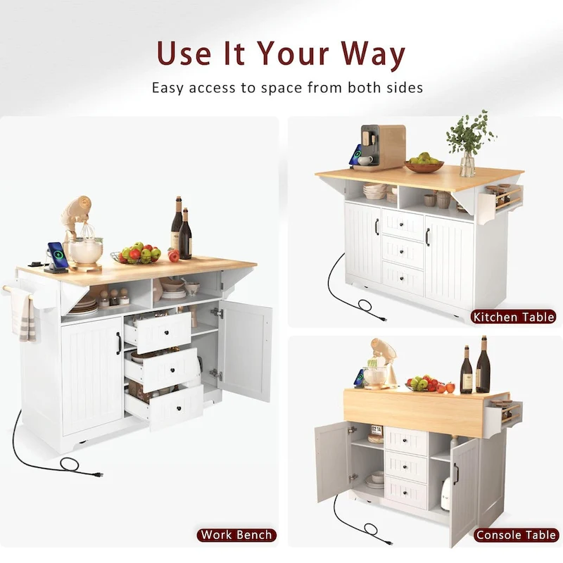 55.7 Kitchen Island with Drop Leaves, Rolling Cart with Power Outlet, Spice Rack, and 3 Drawers