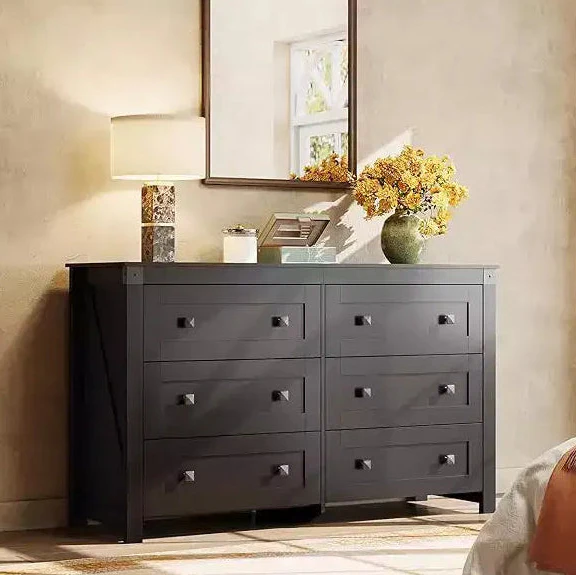 6 Drawer Wood Dresser with Double Rustic Handles, TV Stand for 60