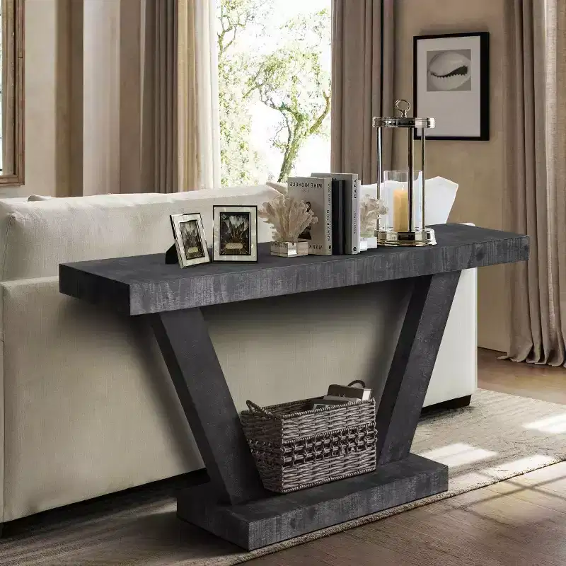 60 Rustic Entryway Console Table with Distressed Wood Top, Wide V-Leg Base for Hallway