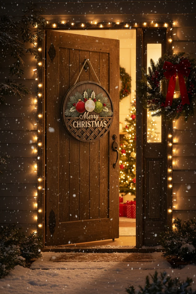 Round Wooden Christmas Wall Hanging Decor, Rustic Merry Christmas Sign with Ornaments,Wall Hanging (10 Inches)