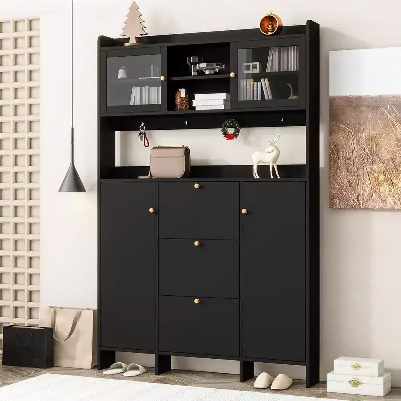 Entryway Shoe Cabinet with Flip Drawers, Contemporary Shoe Cabinet with Open Storage Platform, Tempered Glass Hall Tree For Hallway Entryway