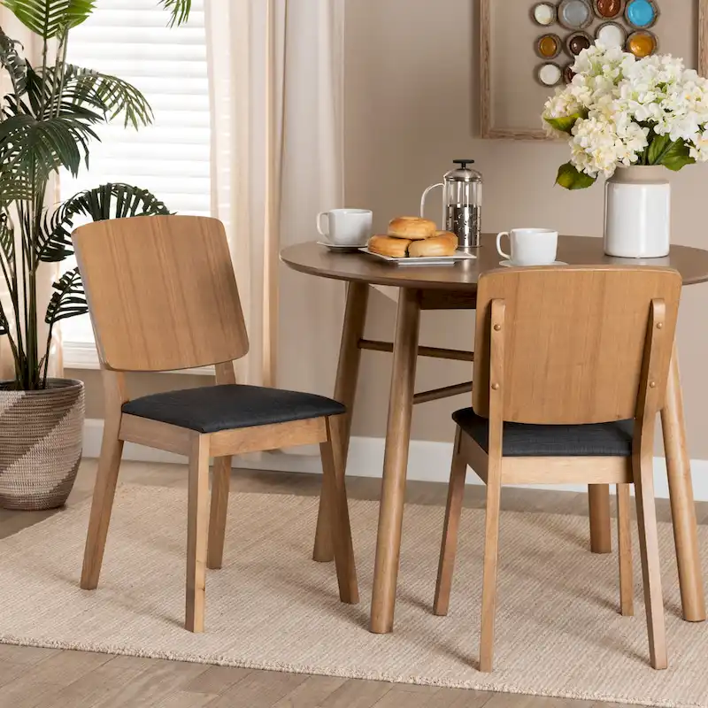 Denmark Mid-Century Modern Black Fabric and French Oak Brown Finished Rubberwood 2-Piece Dining Chair Set