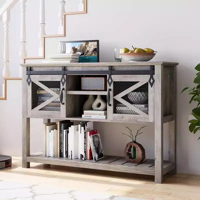 Farmhouse Entryway Table with Sliding Barn Doors, Sofa Table with Storage and Open Shelf, Console Tables for Entryway, Hallway