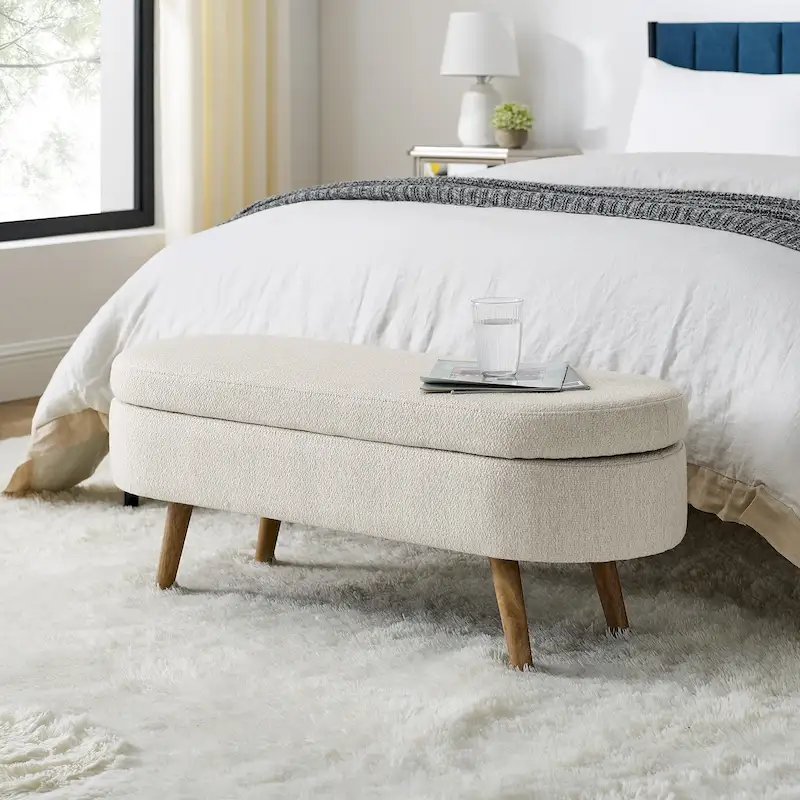 Oval Storage Ottoman – Pleated Fabric, Rubber Wood Legs (Beige / White / Grey), 2-Person