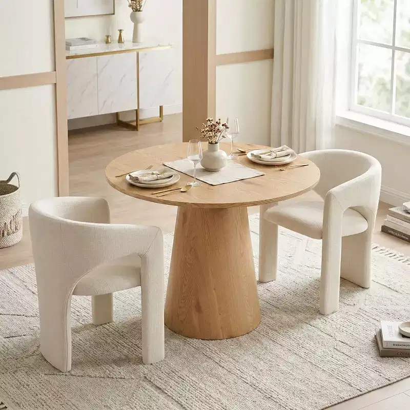 Round Dining Table Set with 2 Chenille Armchairs, Modern Pedestal Table and Upholstered Chairs with Full Back and Arms-Panipeachy